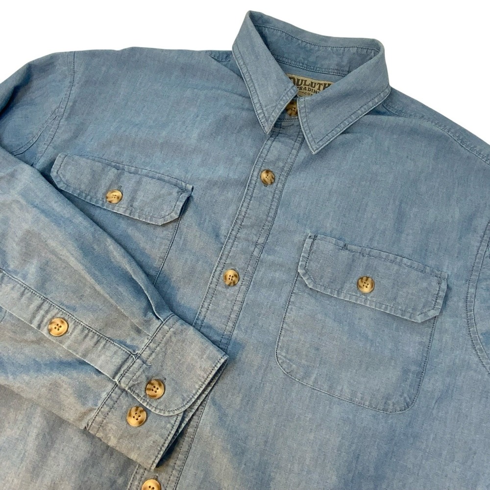 Duluth Trading Mens Medium‎ Blue Jean Denim Shirt Long Sleeve Button Up Coolmax